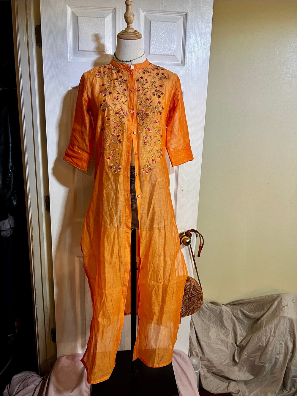Wms‎ Orange Sheer Cotton Floral Embroidery Long Kurta Button Down Tunic Blouse S